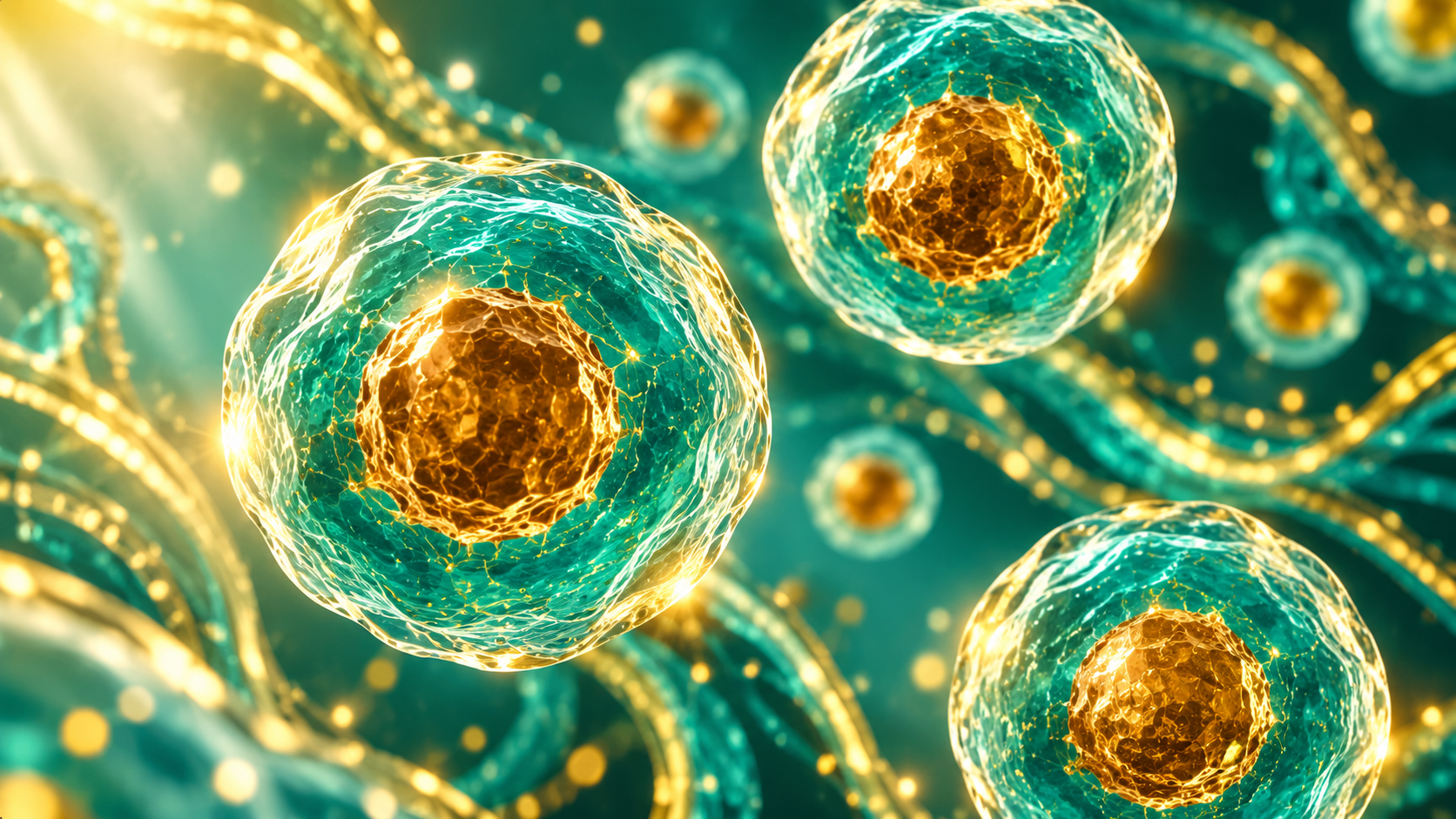 Luminous cellular structures suspended in a deep green biological field